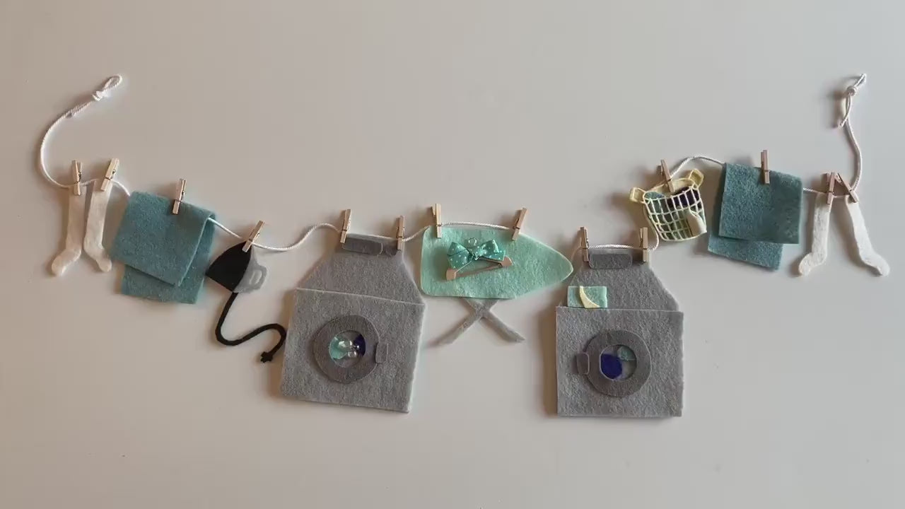Laundry Room Miniature Felt Banner, Washing Machine Garland, Laundry Day Bunting, Wall Hanging, Decoration with Hanger, Detergent, and Iron