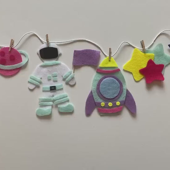 Astronaut Miniature Felt Banner, Outer Space Garland, Rocketship Bunting, Planet Themed Bedroom or Party Decoration
