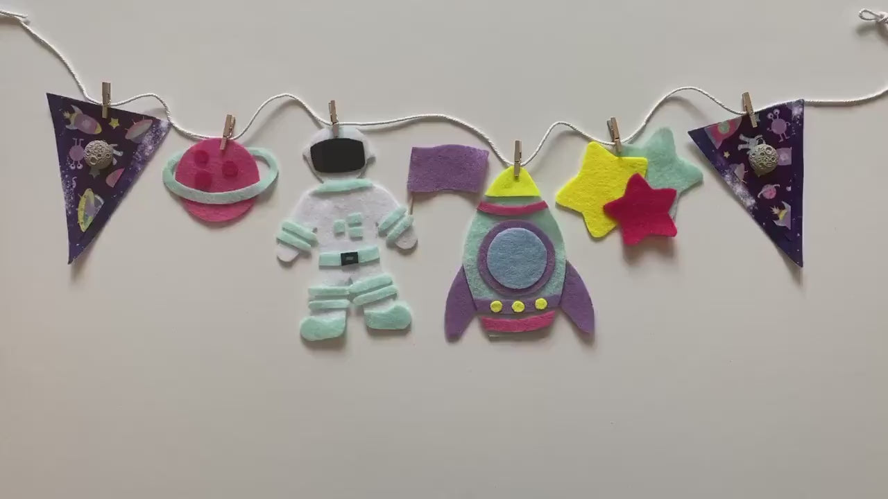 Astronaut Miniature Felt Banner, Outer Space Garland, Rocketship Bunting, Planet Themed Bedroom or Party Decoration