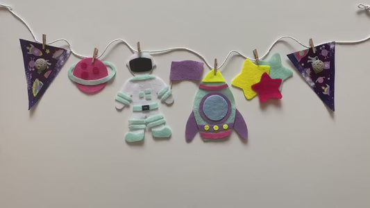 Astronaut Miniature Felt Banner, Outer Space Garland, Rocketship Bunting, Planet Themed Bedroom or Party Decoration