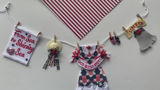 Patriotic God Bless America Banner, Miniature Felt Americana Dress Clothesline Bunting, Liberty Bell Garland, Wall Hanging Decor for July 4