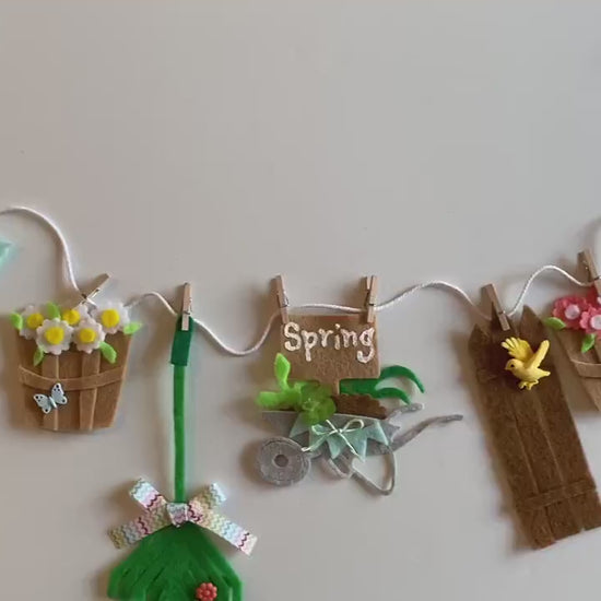 Spring Seasonal Banner, Miniature Felt Garland Bunting, Gardening Wheelbarrow Wall Hanging, Mushroom Flag Pennant Decoration