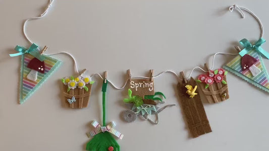 Spring Seasonal Banner, Miniature Felt Garland Bunting, Gardening Wheelbarrow Wall Hanging, Mushroom Flag Pennant Decoration