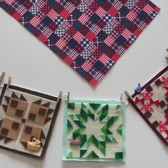 Miniature Felt Quilts Clothesline, with Birds, Picnic Basket, and Pie Garland, Quilting Banner, Wall Hanging Decoration