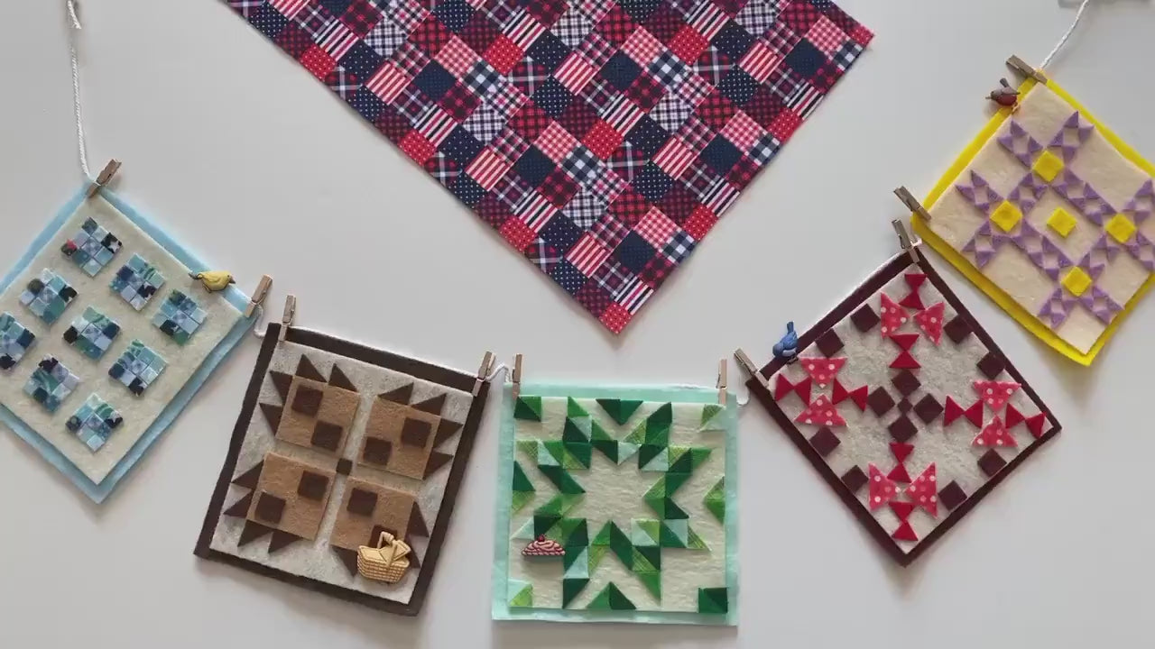 Miniature Felt Quilts Clothesline, with Birds, Picnic Basket, and Pie Garland, Quilting Banner, Wall Hanging Decoration