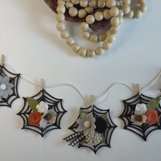 Halloween Spider Web Banner with Felt Flowers, Neutral Garland for October, Floral Bunting Wall Hanging for Decoration