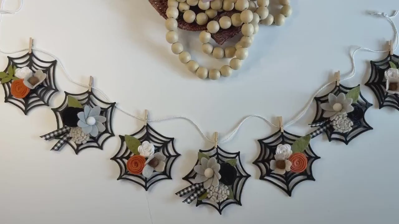 Halloween Spider Web Banner with Felt Flowers, Neutral Garland for October, Floral Bunting Wall Hanging for Decoration