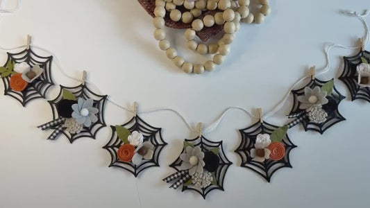 Halloween Spider Web Banner with Felt Flowers, Neutral Garland for October, Floral Bunting Wall Hanging for Decoration