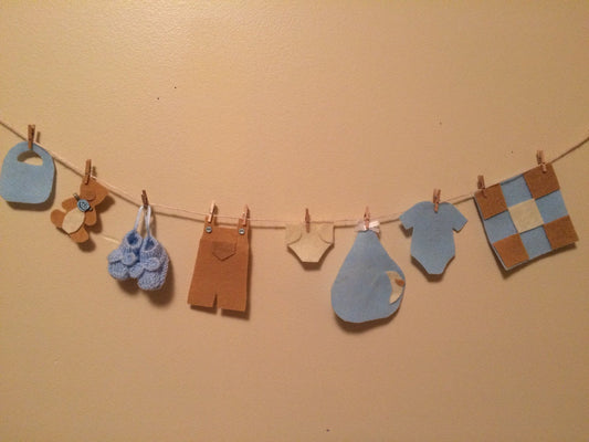 Baby Boy Felt Miniature Clothesline Laundry Line Bunting Banner for Nursery or Baby Shower