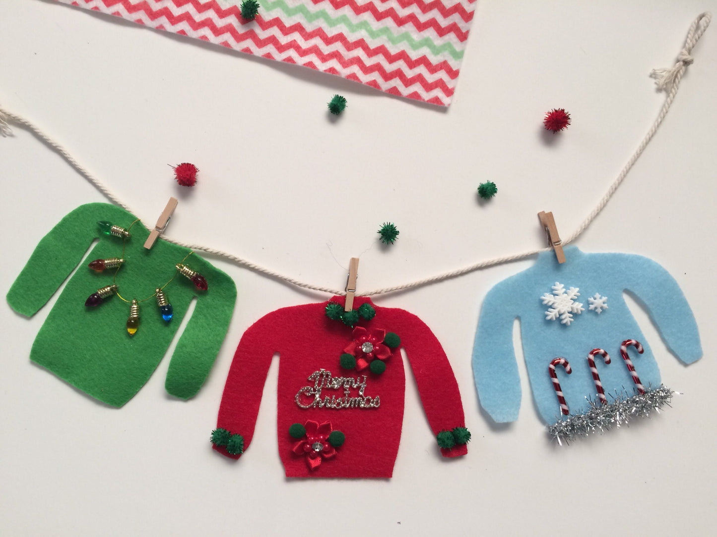 Ugly Christmas Sweater Miniature Felt Clothesline Decoration