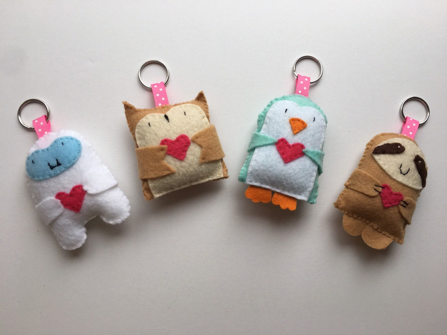 Felt Valentines Day Keychains, Sloth Keychain, Penguin Keychain, Owl Keychain, Yeti Keychain, Animals Holding Hearts Keychain