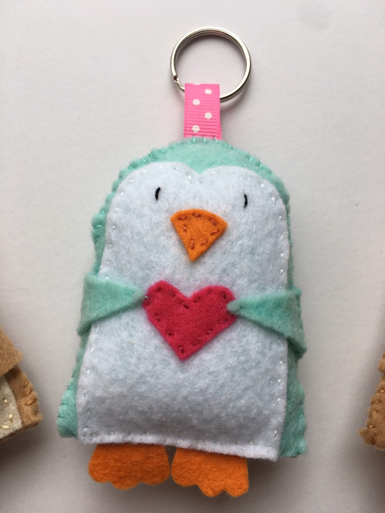 Felt Valentines Day Keychains, Sloth Keychain, Penguin Keychain, Owl Keychain, Yeti Keychain, Animals Holding Hearts Keychain