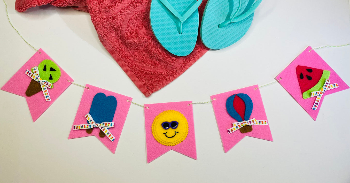 Summer Fun Felt Banner Garland Bunting Wall Hanging Decoration with Sunshine, Hot Air Balloon, Popsicles, Watermelon, and Ice Cream Cone