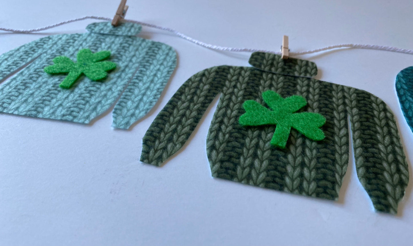 Miniature Felt St. Patrick’s Day Ugly Sweater Clothesline, Faux Knit Banner, St. Paddy’s Day Bunting Garland Wall Hanging for Decoration
