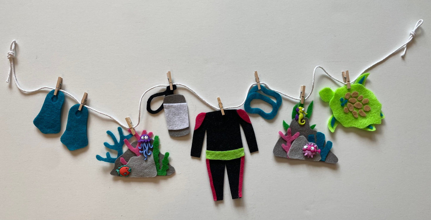 Scuba Diver Miniature Felt Clothesline Banner Wetsuit Bunting Coral Reef Garland Ocean Wall Hanging Decoration for Parties